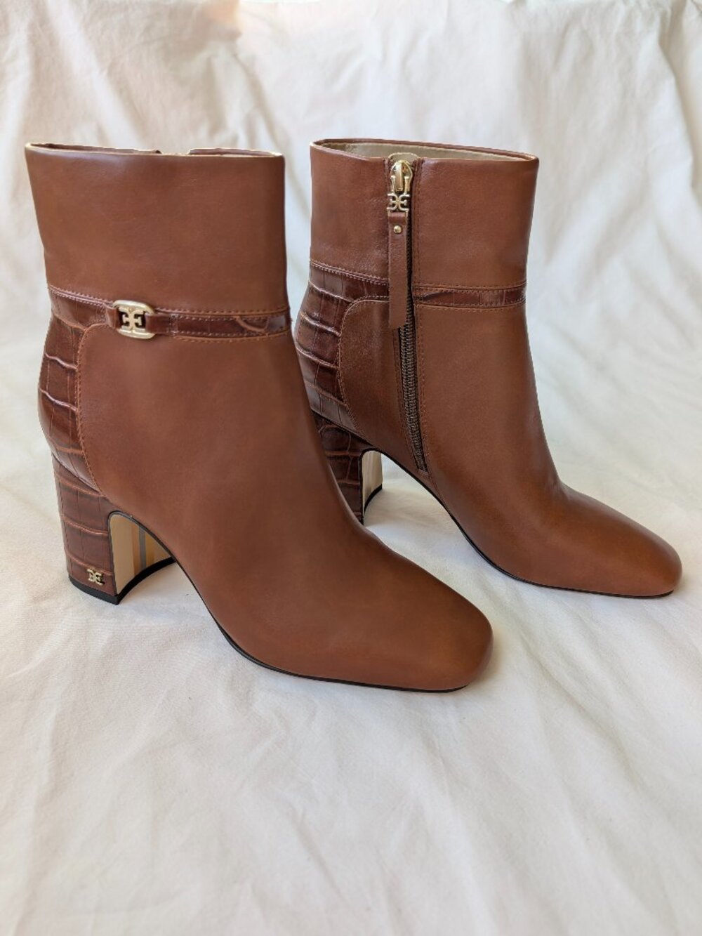 SAM EDELMAN Florah Croc-Embossed Block Heel Bootie | Size 7